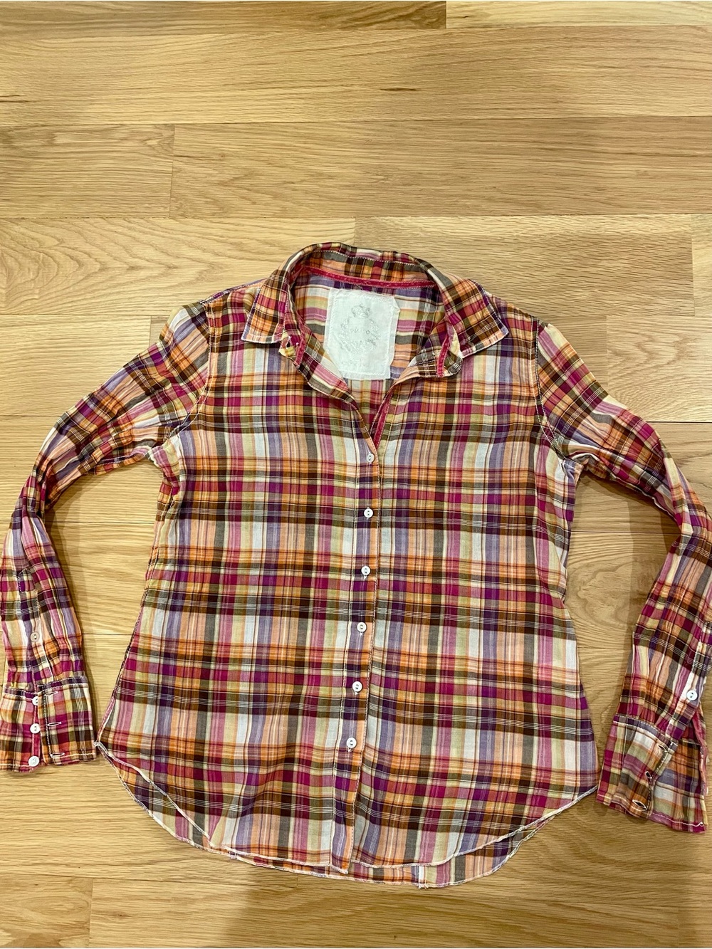 Cino Plaid Button-Front Shirt in Pink, Orange & Purple - Picture 2 of 9